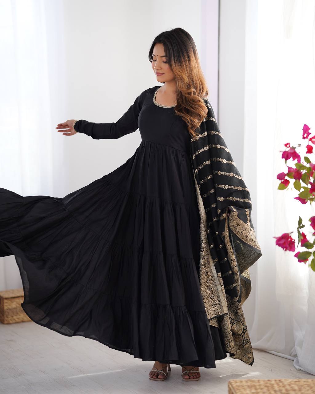 Black Tiered Cotton Anarkali Suit with Zari Work Dupatta – Elegant Festive Wear AllTreandy