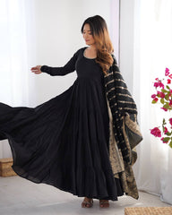 Black Tiered Cotton Anarkali Suit with Zari Work Dupatta – Elegant Festive Wear AllTreandy