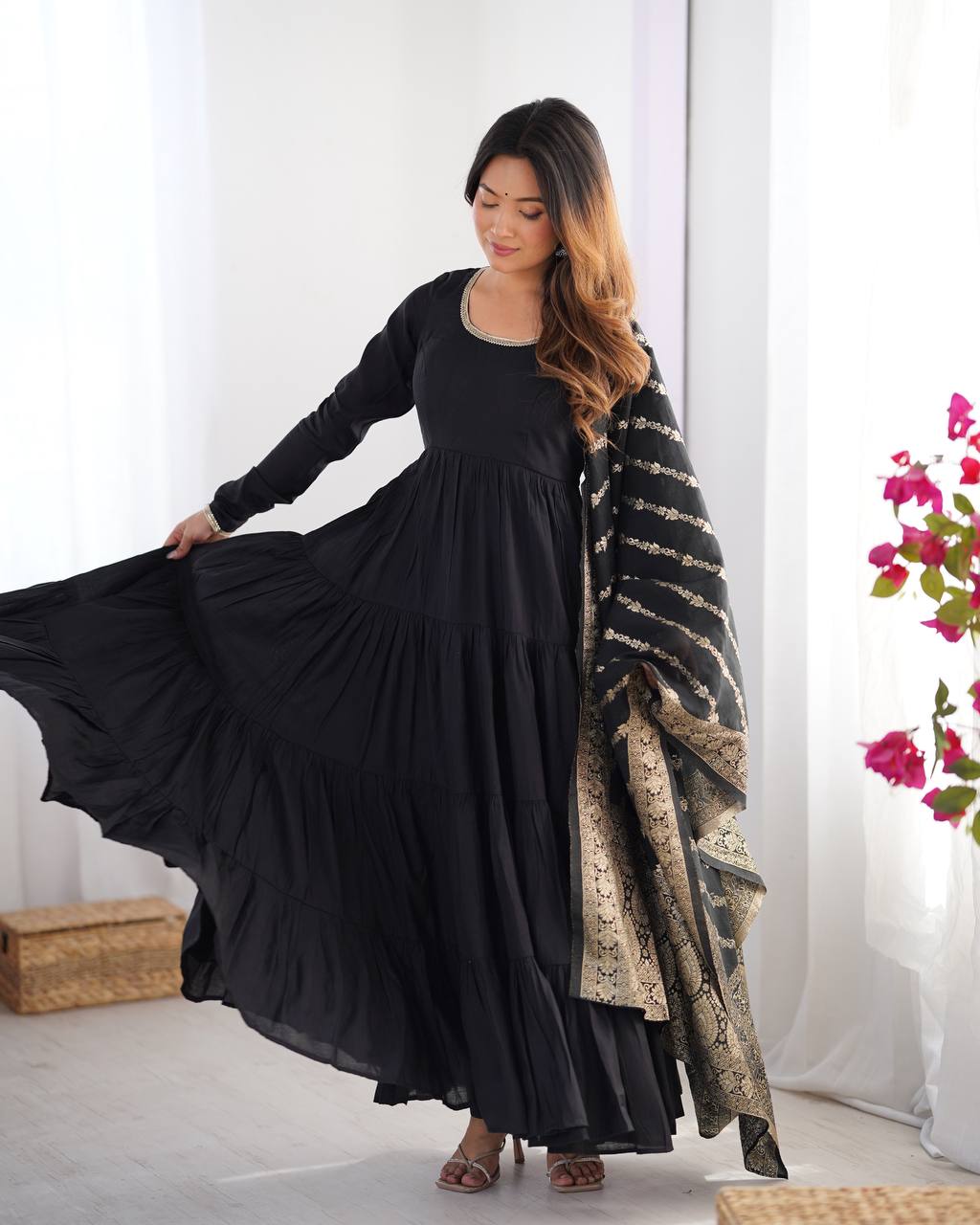 Black Tiered Cotton Anarkali Suit with Zari Work Dupatta – Elegant Festive Wear AllTreandy