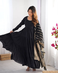Black Tiered Cotton Anarkali Suit with Zari Work Dupatta – Elegant Festive Wear AllTreandy