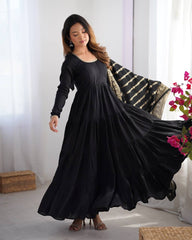 Black Tiered Cotton Anarkali Suit with Zari Work Dupatta – Elegant Festive Wear AllTreandy