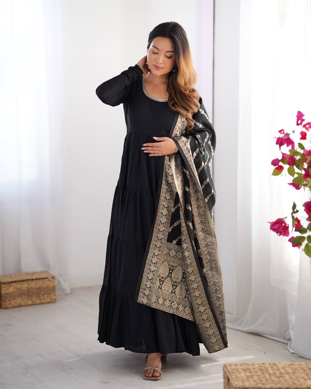 Black Tiered Cotton Anarkali Suit with Zari Work Dupatta – Elegant Festive Wear AllTreandy