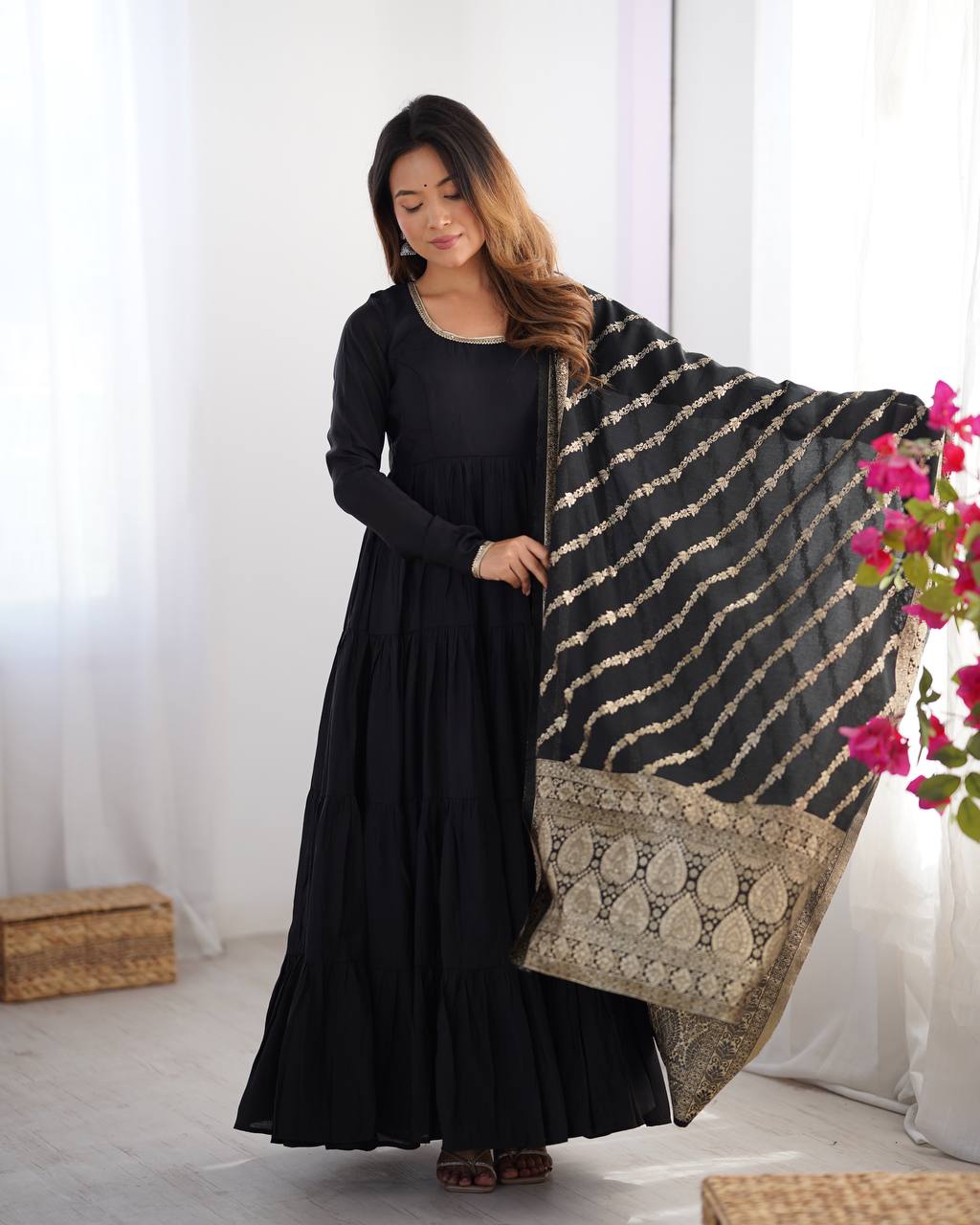 Black Tiered Cotton Anarkali Suit with Zari Work Dupatta – Elegant Festive Wear AllTreandy