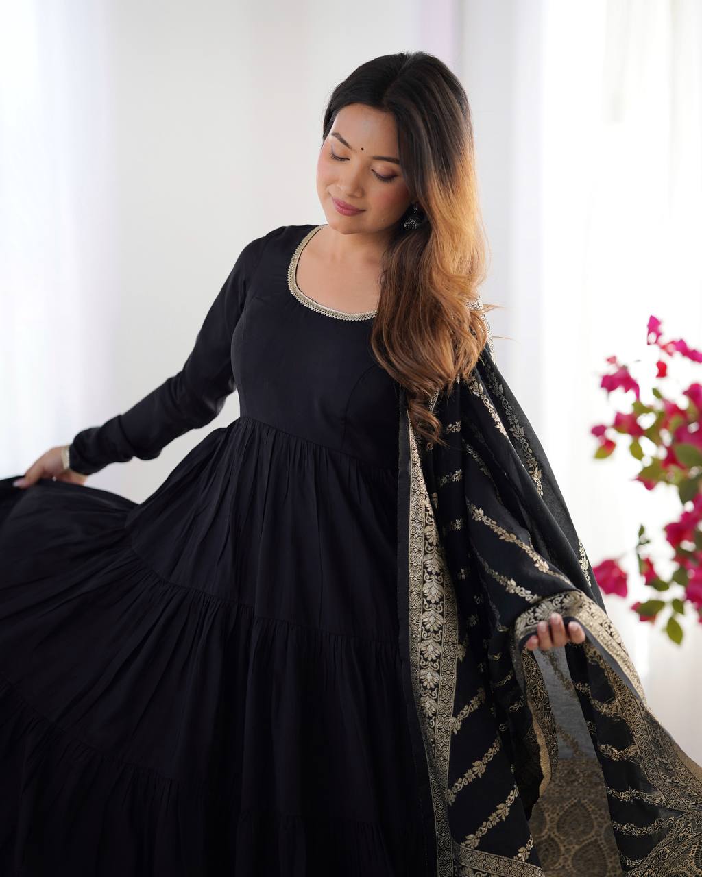 Black Tiered Cotton Anarkali Suit with Zari Work Dupatta – Elegant Festive Wear AllTreandy