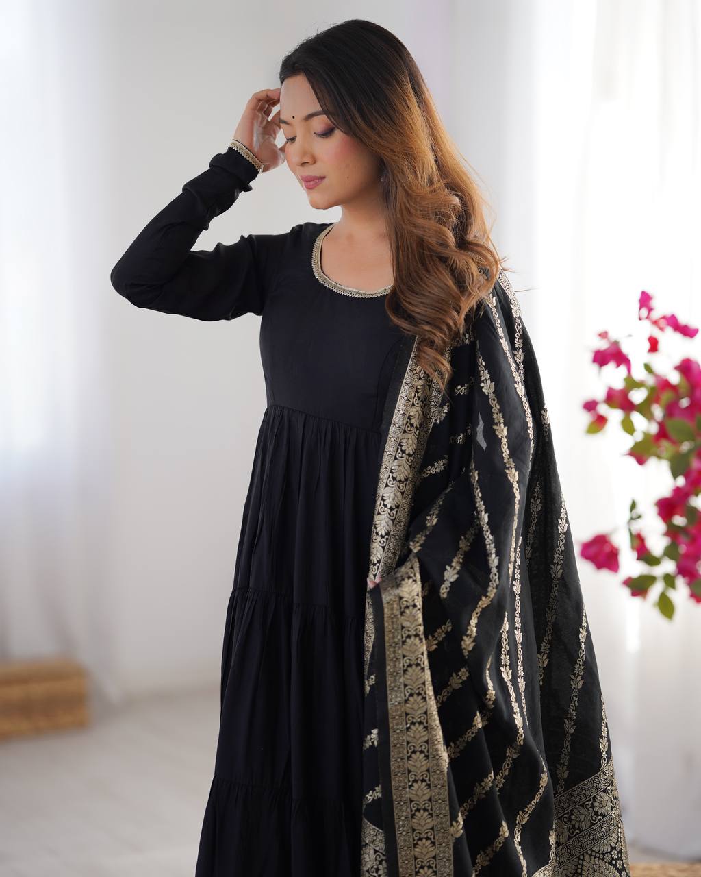 Black Tiered Cotton Anarkali Suit with Zari Work Dupatta – Elegant Festive Wear AllTreandy