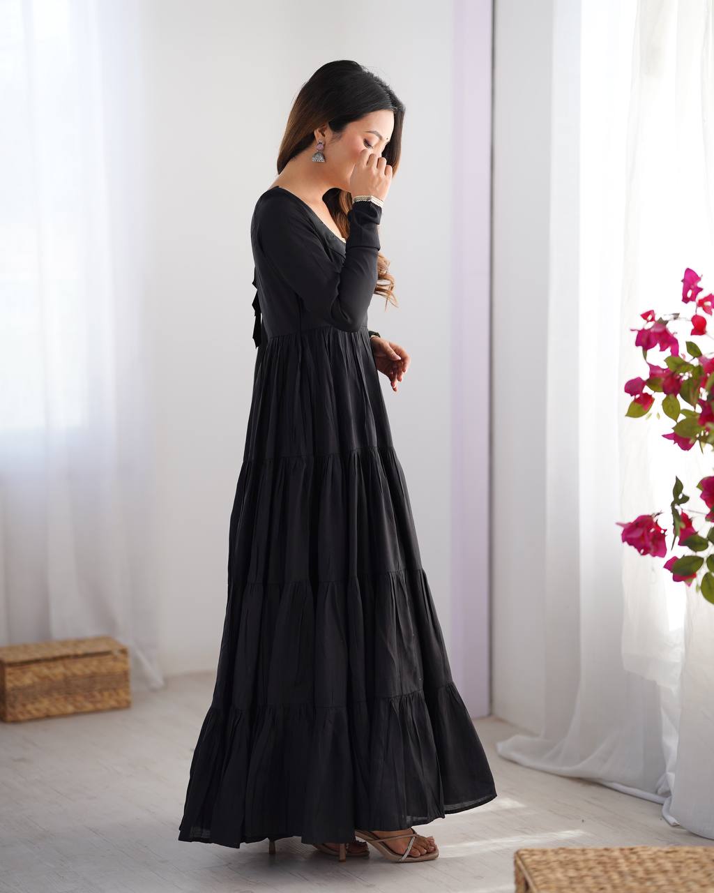 Black Tiered Cotton Anarkali Suit with Zari Work Dupatta – Elegant Festive Wear AllTreandy