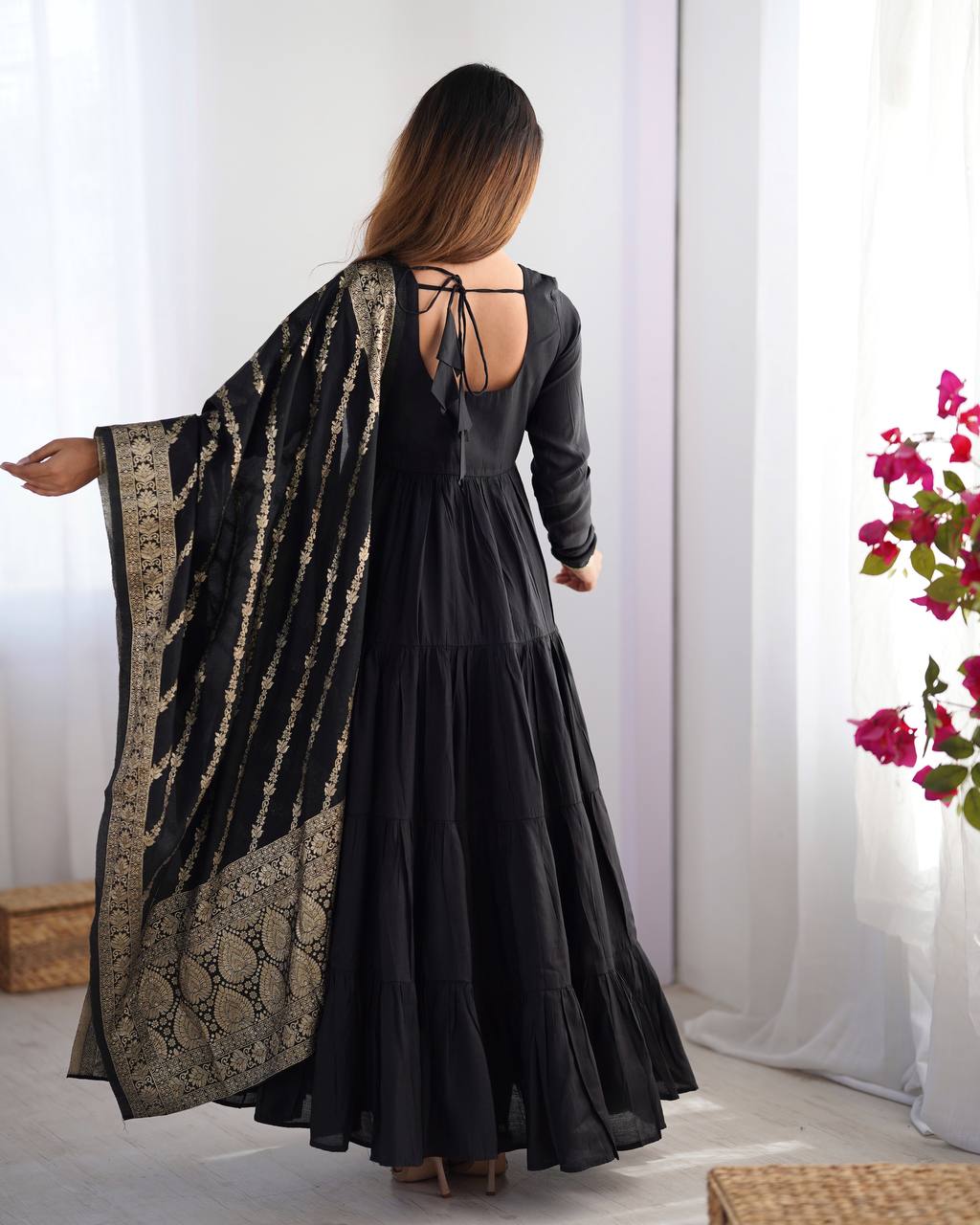 Black Tiered Cotton Anarkali Suit with Zari Work Dupatta – Elegant Festive Wear AllTreandy