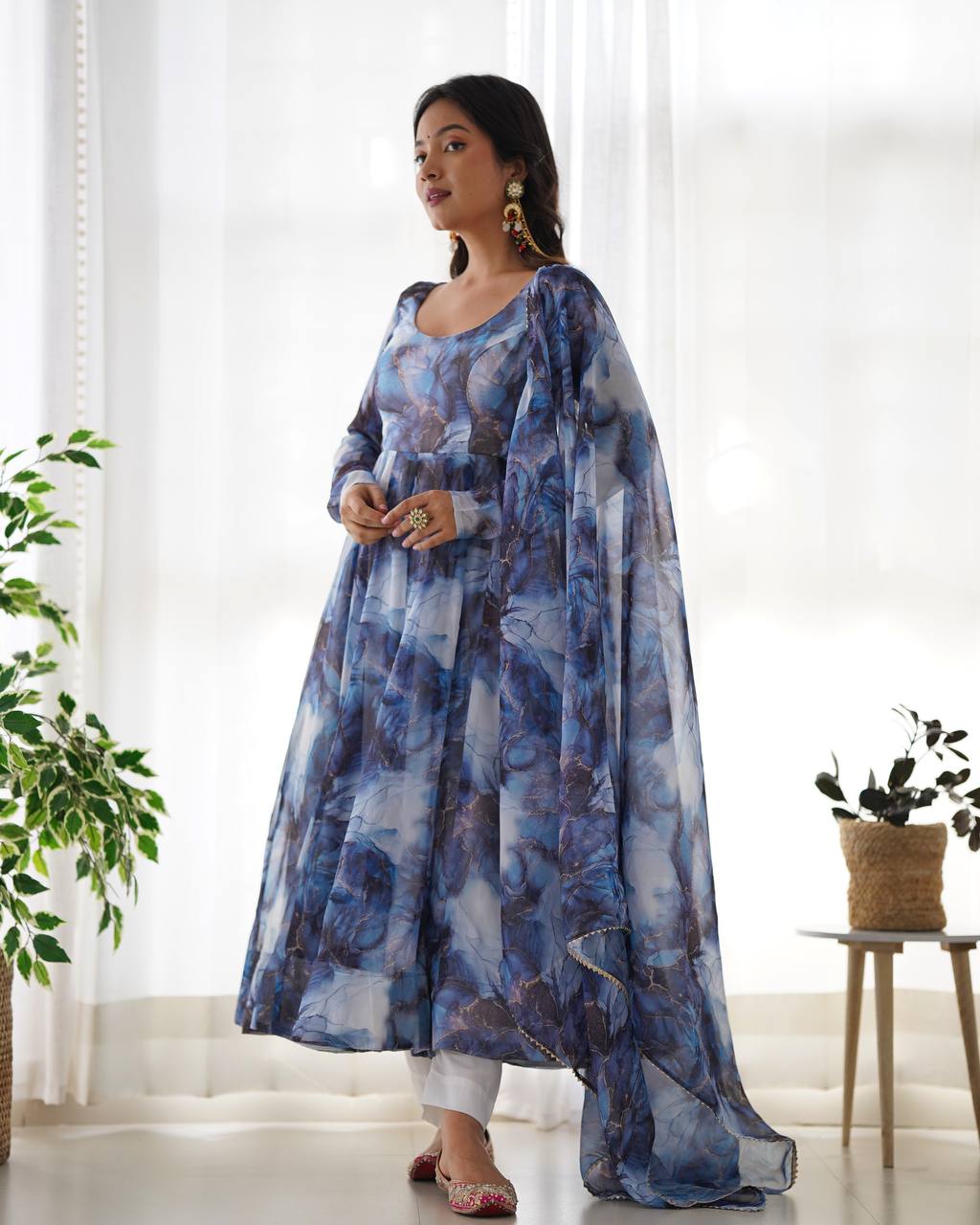 Blue Watercolor Floral Anarkali Kurta with Dupatta – Elegant Party & Festive Wear AllTreandy