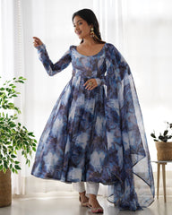 Blue Watercolor Floral Anarkali Kurta with Dupatta – Elegant Party & Festive Wear AllTreandy