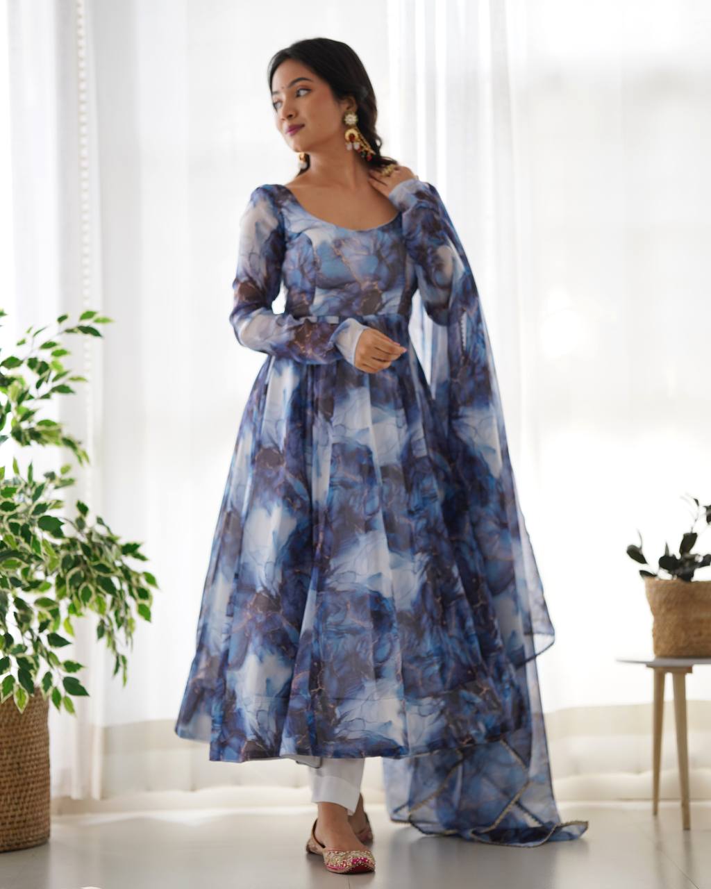 Blue Watercolor Floral Anarkali Kurta with Dupatta – Elegant Party & Festive Wear AllTreandy