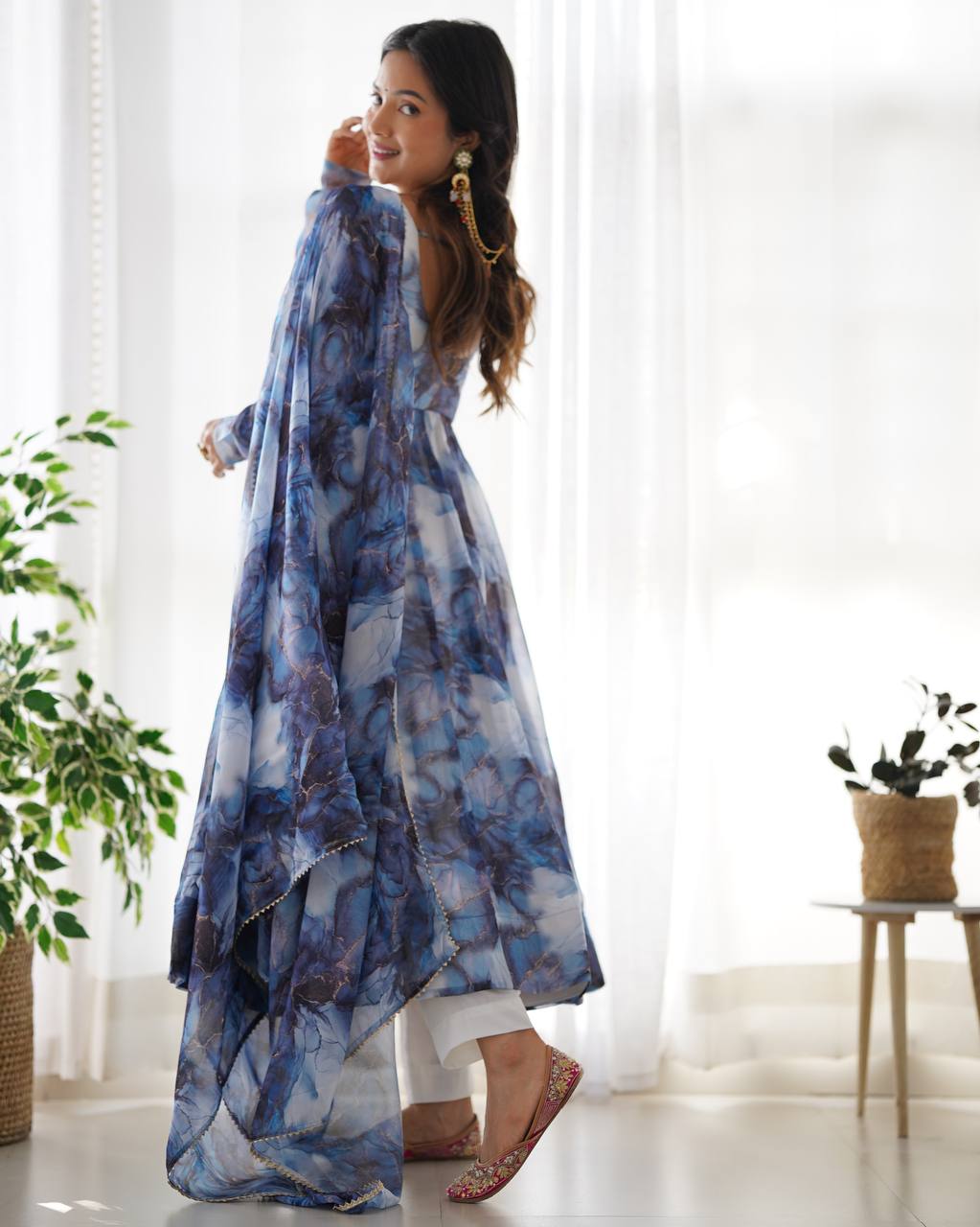Blue Watercolor Floral Anarkali Kurta with Dupatta – Elegant Party & Festive Wear AllTreandy
