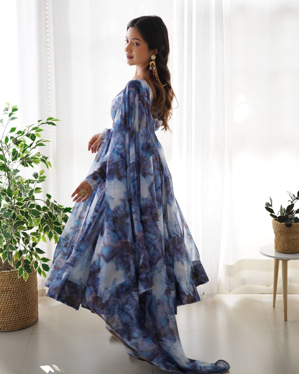 Blue Watercolor Floral Anarkali Kurta with Dupatta – Elegant Party & Festive Wear AllTreandy