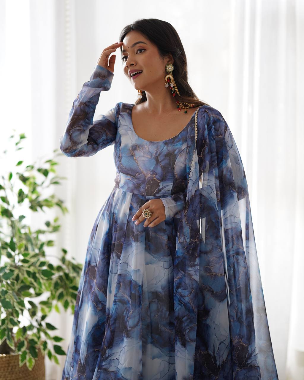 Blue Watercolor Floral Anarkali Kurta with Dupatta – Elegant Party & Festive Wear AllTreandy