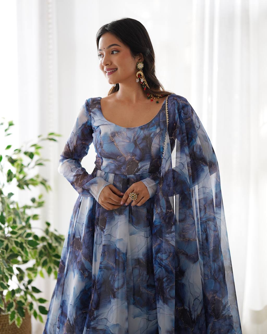 Blue Watercolor Floral Anarkali Kurta with Dupatta – Elegant Party & Festive Wear AllTreandy