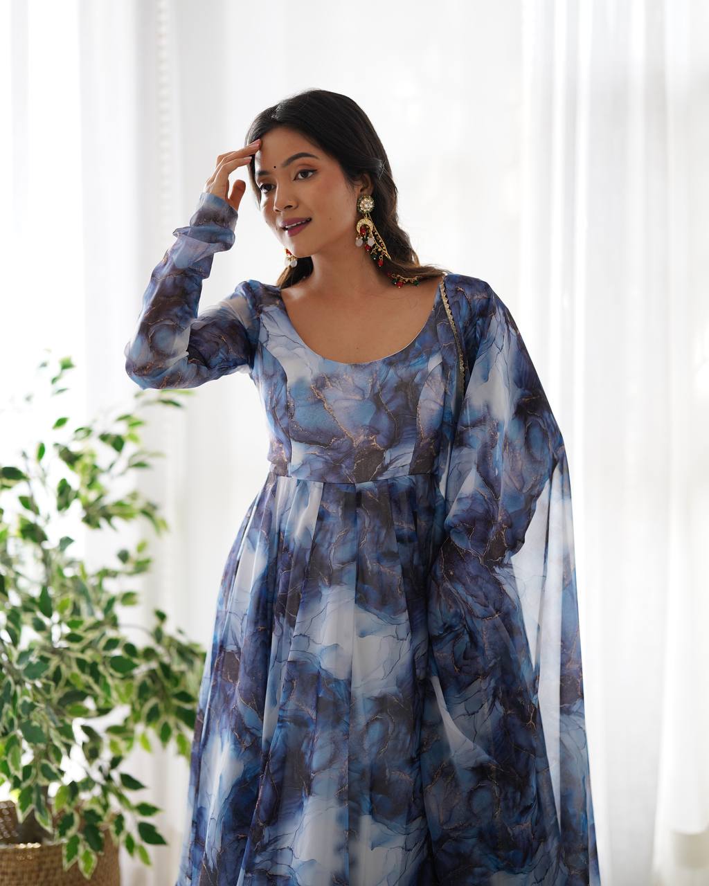 Blue Watercolor Floral Anarkali Kurta with Dupatta – Elegant Party & Festive Wear AllTreandy
