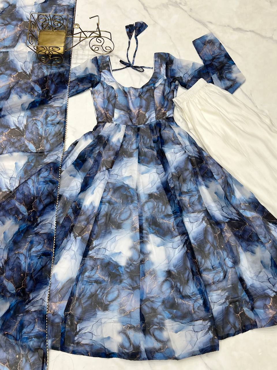 Blue Watercolor Floral Anarkali Kurta with Dupatta – Elegant Party & Festive Wear AllTreandy
