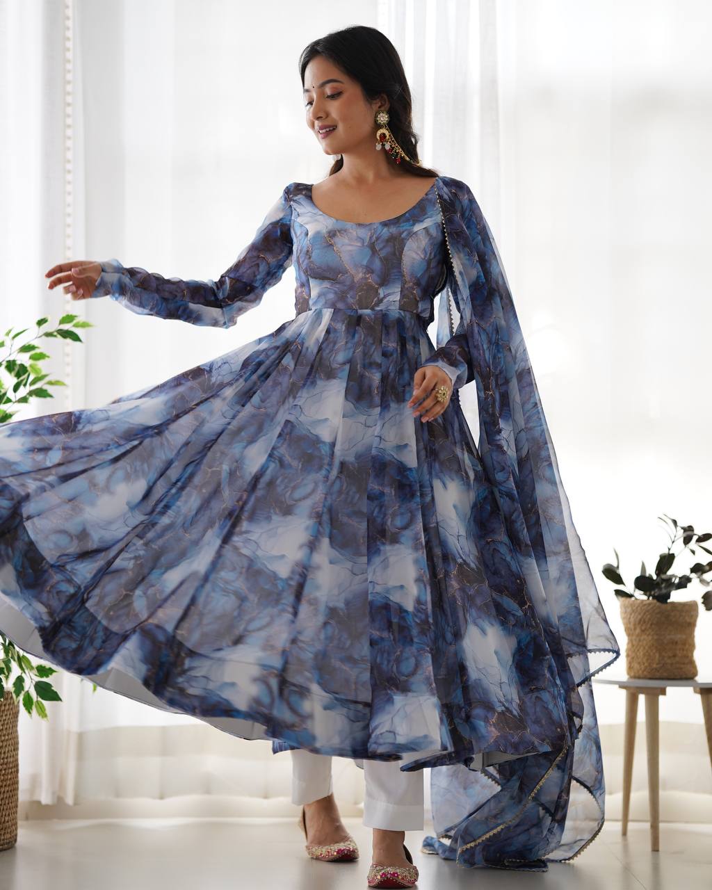 Blue Watercolor Floral Anarkali Kurta with Dupatta – Elegant Party & Festive Wear AllTreandy