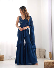 Navy Blue Ruffle Saree with Embroidered Blouse & Sharara Pants – Modern Festive Fusion Wear AllTreandy