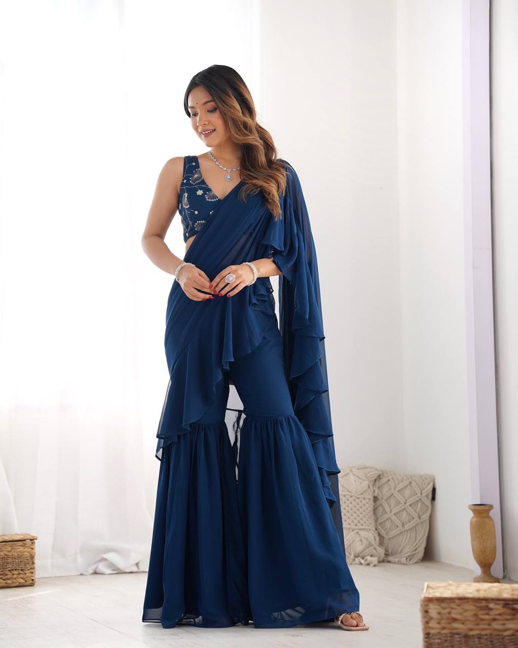 Navy Blue Ruffle Saree with Embroidered Blouse & Sharara Pants – Modern Festive Fusion Wear AllTreandy