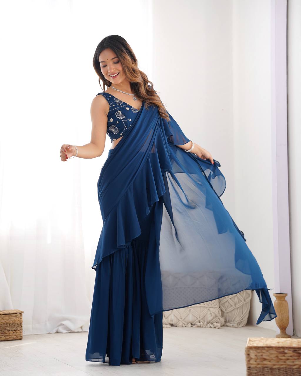 Navy Blue Ruffle Saree with Embroidered Blouse & Sharara Pants – Modern Festive Fusion Wear AllTreandy