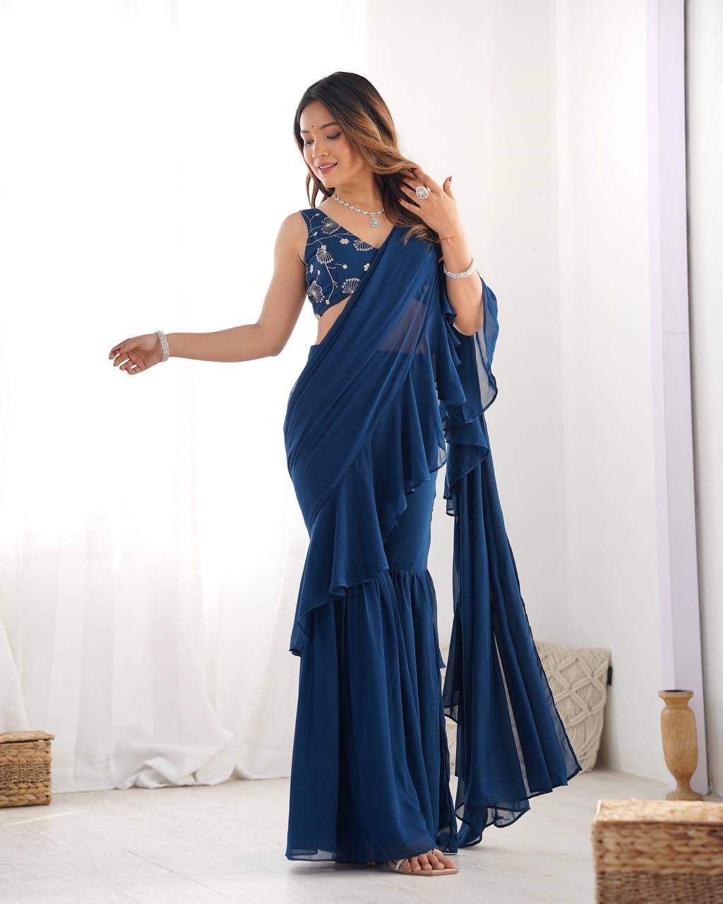 Navy Blue Ruffle Saree with Embroidered Blouse & Sharara Pants – Modern Festive Fusion Wear AllTreandy