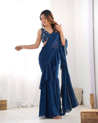 Navy Blue Ruffle Saree with Embroidered Blouse & Sharara Pants – Modern Festive Fusion Wear AllTreandy