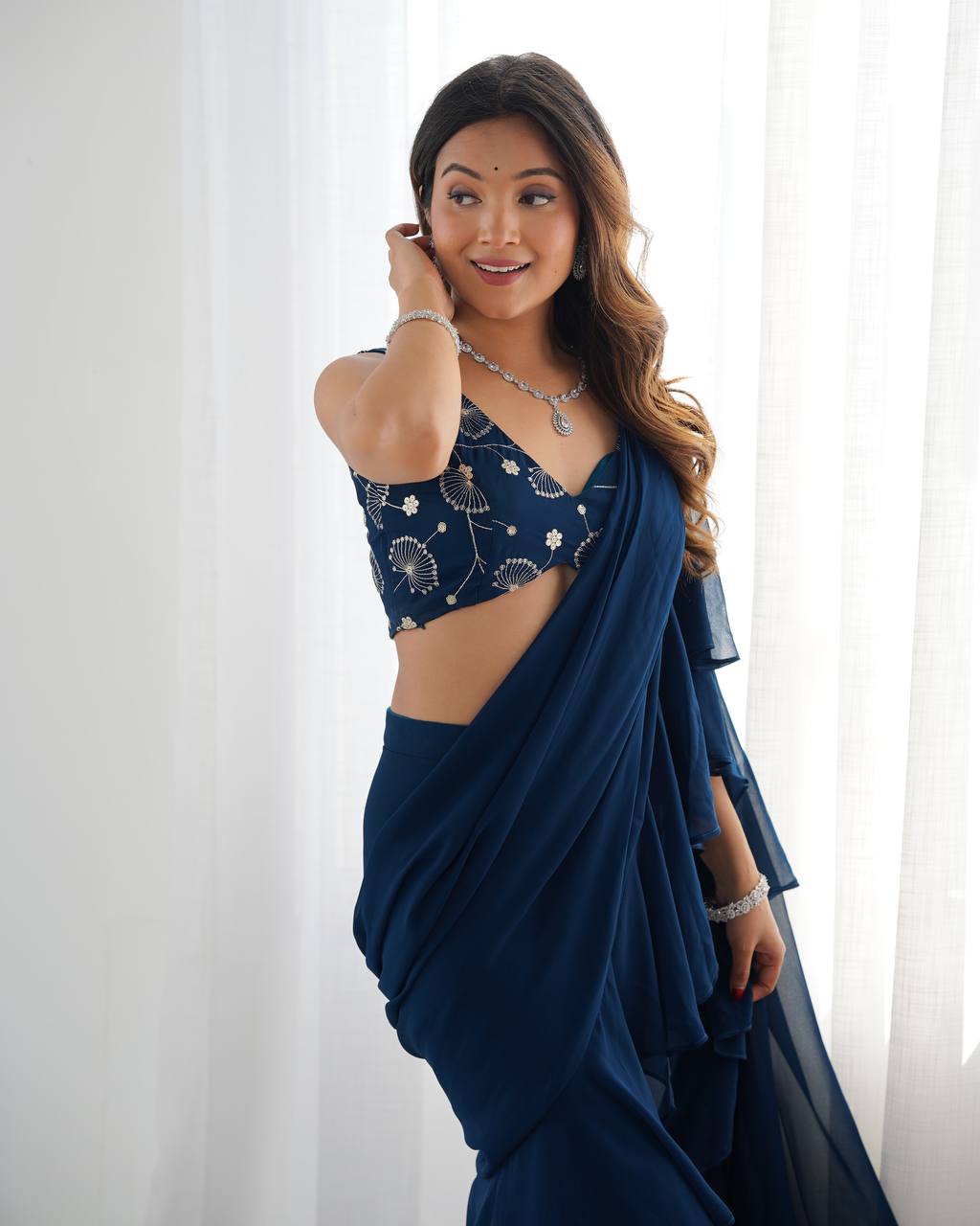 Navy Blue Ruffle Saree with Embroidered Blouse & Sharara Pants – Modern Festive Fusion Wear AllTreandy