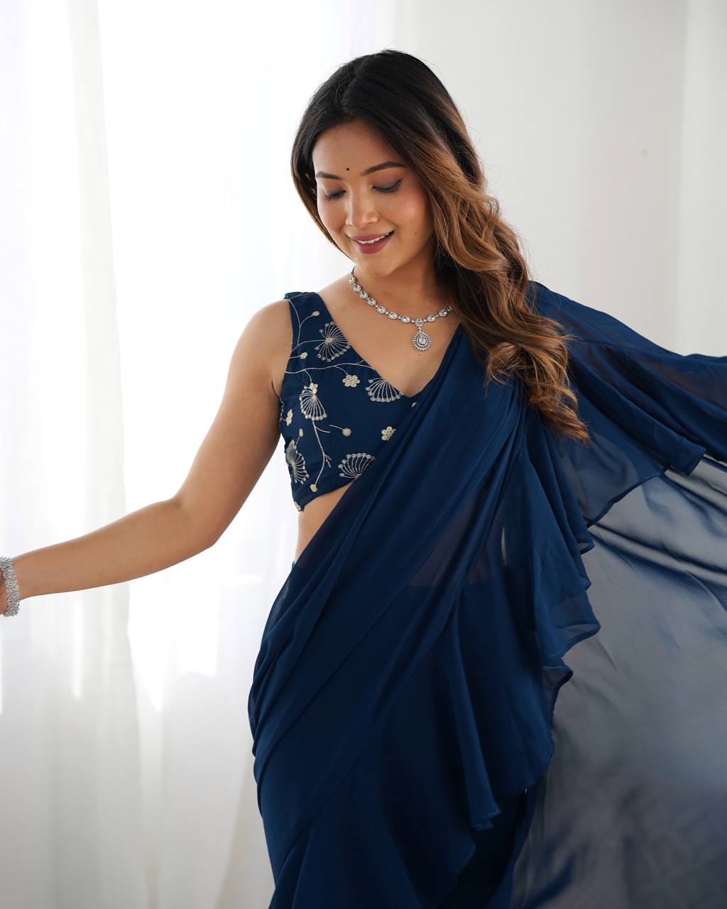 Navy Blue Ruffle Saree with Embroidered Blouse & Sharara Pants – Modern Festive Fusion Wear AllTreandy