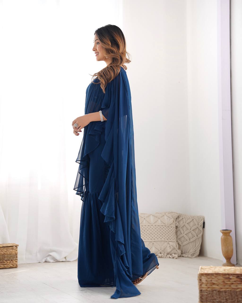 Navy Blue Ruffle Saree with Embroidered Blouse & Sharara Pants – Modern Festive Fusion Wear AllTreandy