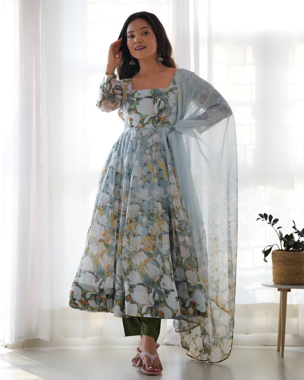 Pastel Blue Floral Print Anarkali with Sheer Dupatta & Green Pants – Elegant Festive Ethnic Wear AllTreandy