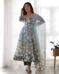 Pastel Blue Floral Print Anarkali with Sheer Dupatta & Green Pants – Elegant Festive Ethnic Wear AllTreandy