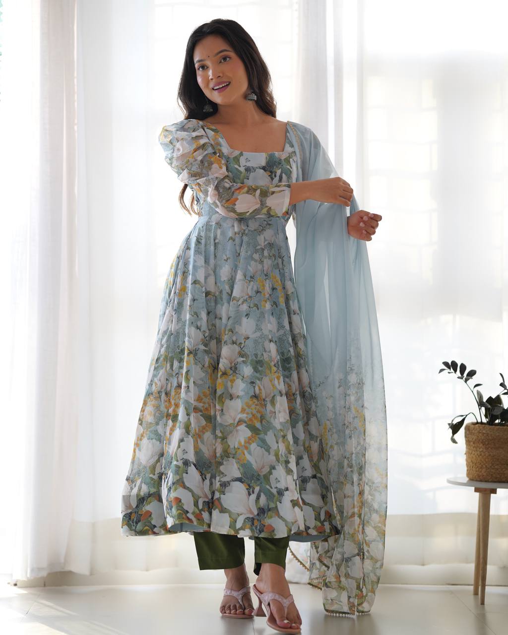 Pastel Blue Floral Print Anarkali with Sheer Dupatta & Green Pants – Elegant Festive Ethnic Wear AllTreandy