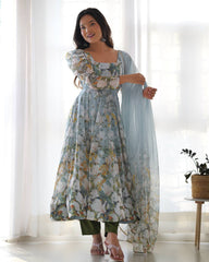 Pastel Blue Floral Print Anarkali with Sheer Dupatta & Green Pants – Elegant Festive Ethnic Wear AllTreandy