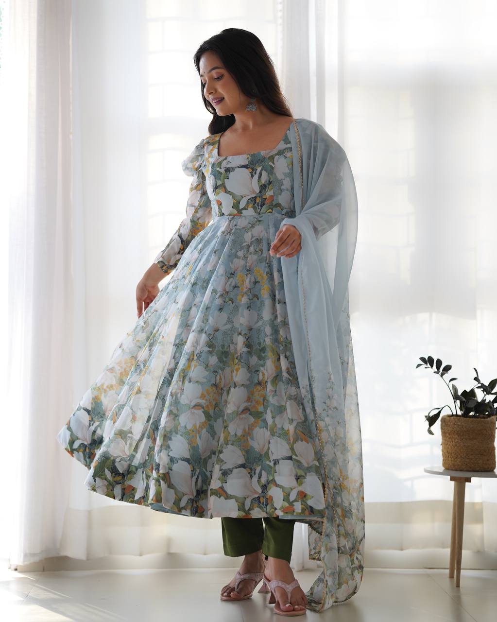 Pastel Blue Floral Print Anarkali with Sheer Dupatta & Green Pants – Elegant Festive Ethnic Wear AllTreandy