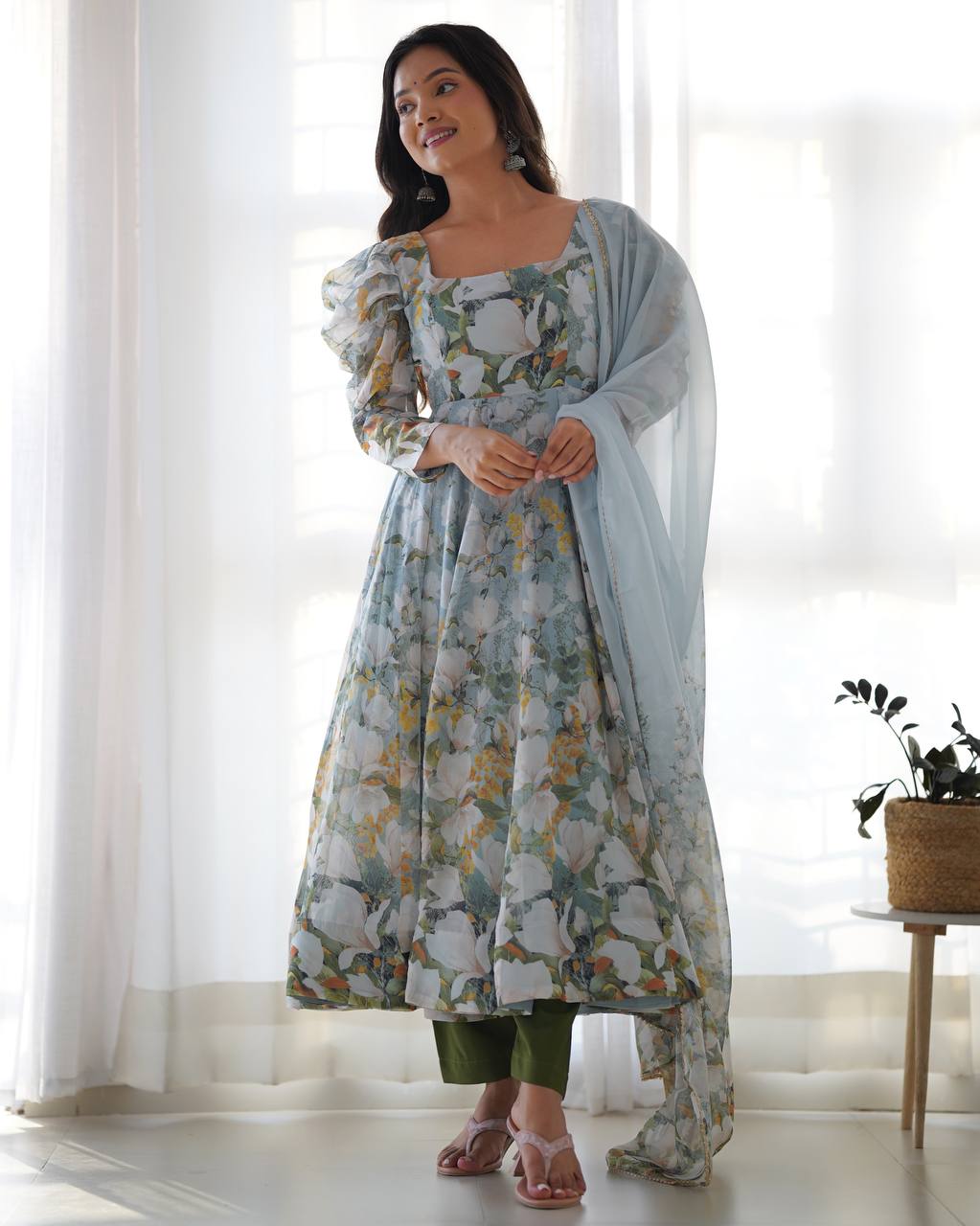 Pastel Blue Floral Print Anarkali with Sheer Dupatta & Green Pants – Elegant Festive Ethnic Wear AllTreandy