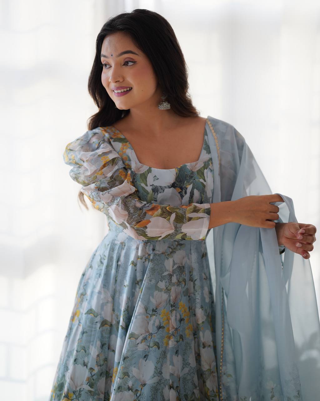 Pastel Blue Floral Print Anarkali with Sheer Dupatta & Green Pants – Elegant Festive Ethnic Wear AllTreandy