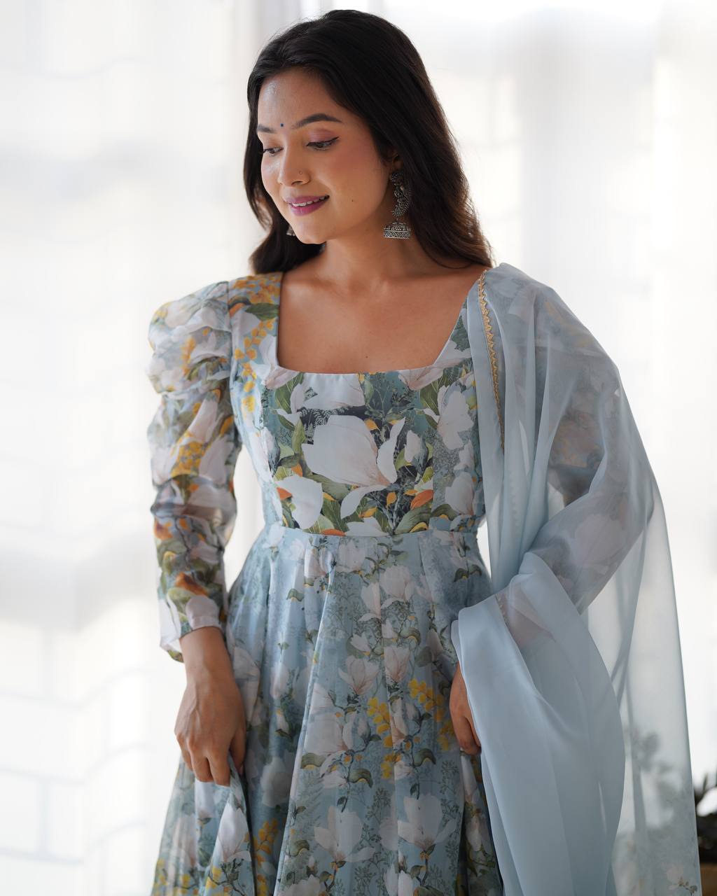 Pastel Blue Floral Print Anarkali with Sheer Dupatta & Green Pants – Elegant Festive Ethnic Wear AllTreandy
