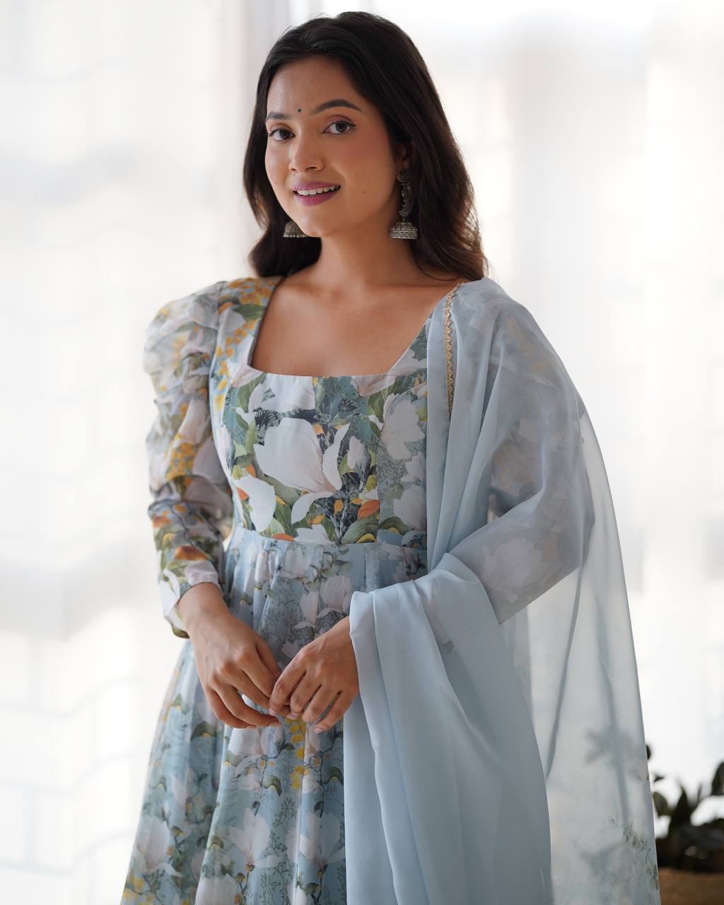 Pastel Blue Floral Print Anarkali with Sheer Dupatta & Green Pants – Elegant Festive Ethnic Wear AllTreandy