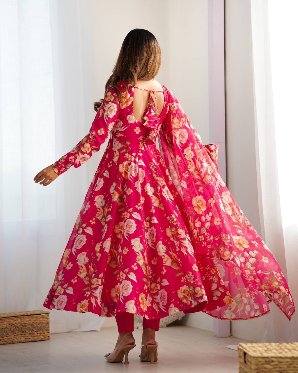 Pink Floral Anarkali Suit with Dupatta AllTreandy