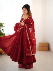Maroon Embroidered Anarkali Suit with Organza Dupatta AllTreandy