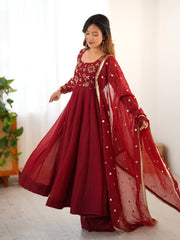 Maroon Embroidered Anarkali Suit with Organza Dupatta AllTreandy