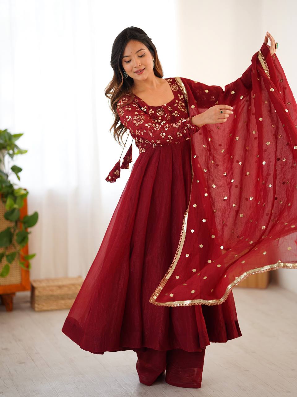 Maroon Embroidered Anarkali Suit with Organza Dupatta AllTreandy