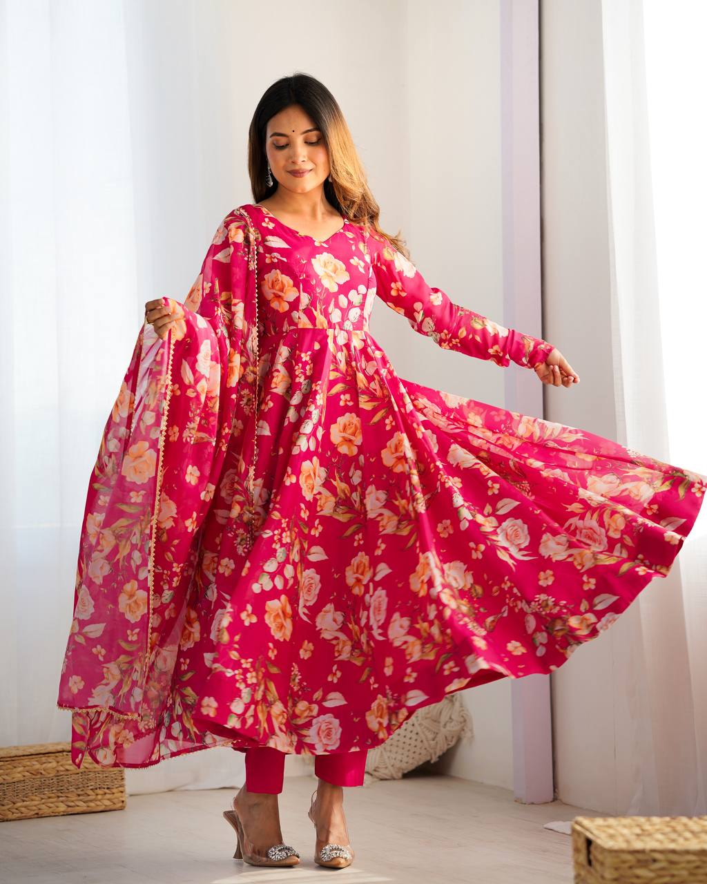 Pink Floral Anarkali Suit with Dupatta AllTreandy
