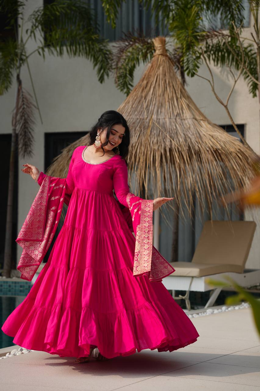 Hot Pink Tiered Anarkali with Banarasi Dupatta AllTreandy