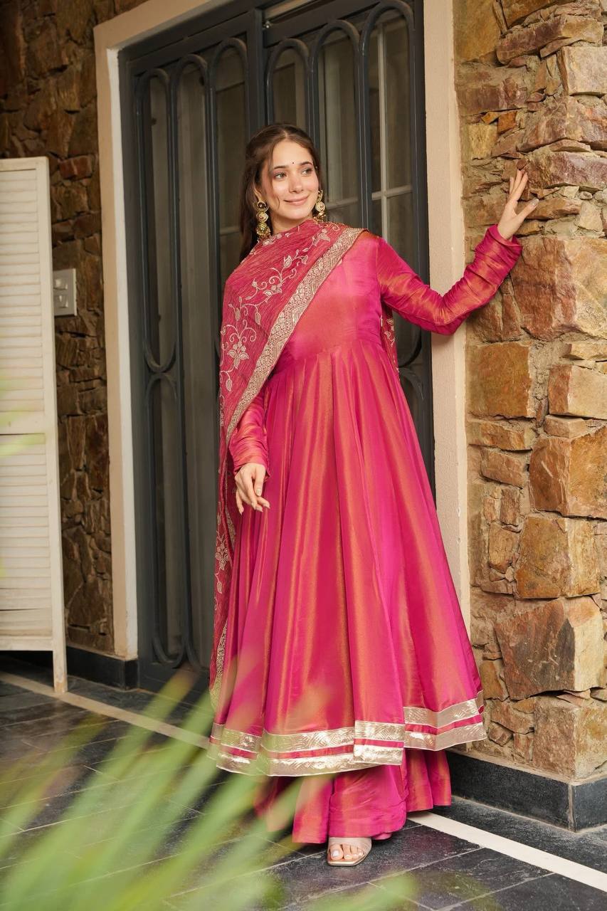 Rani Pink Silk Anarkali Suit with Zari Border & Embroidered Dupatta AllTreandy