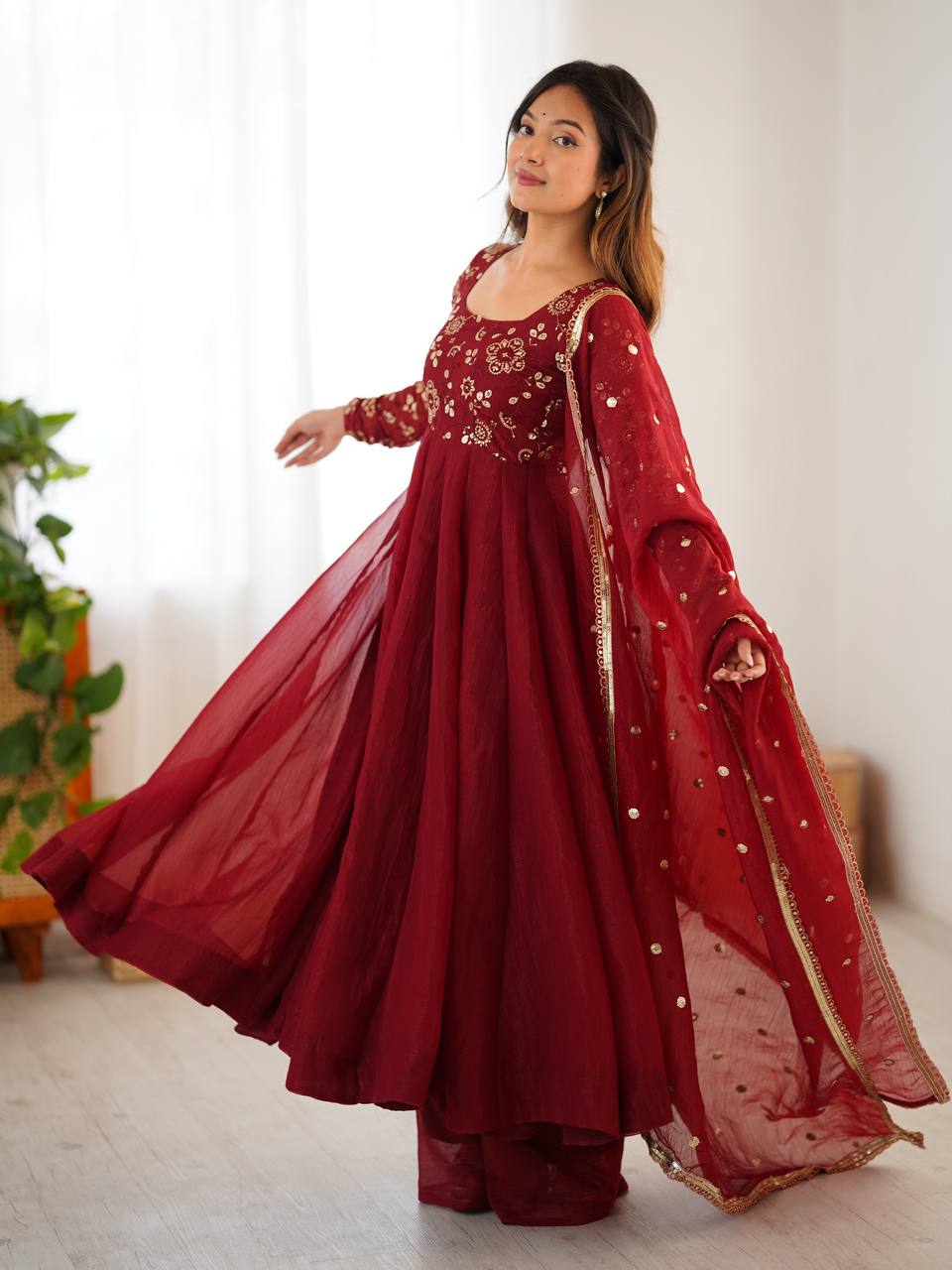 Maroon Embroidered Anarkali Suit with Organza Dupatta AllTreandy