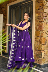 Purple Sleeveless Anarkali with White Leaf Motif Dupatta AllTreandy