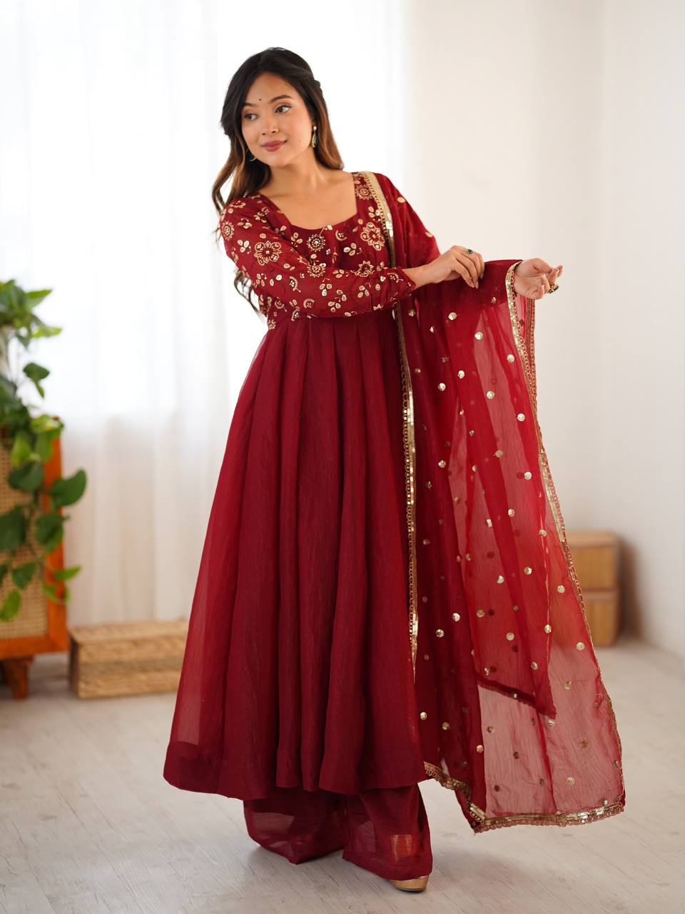 Maroon Embroidered Anarkali Suit with Organza Dupatta AllTreandy