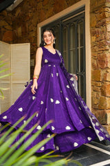 Purple Sleeveless Anarkali with White Leaf Motif Dupatta AllTreandy