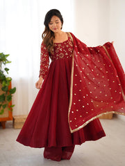 Maroon Embroidered Anarkali Suit with Organza Dupatta AllTreandy